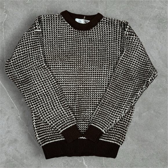 Vintage Chunky Knit Sweater Brown White Checkered Pattern Retro Pullover GS Co. - Picture 1 of 8